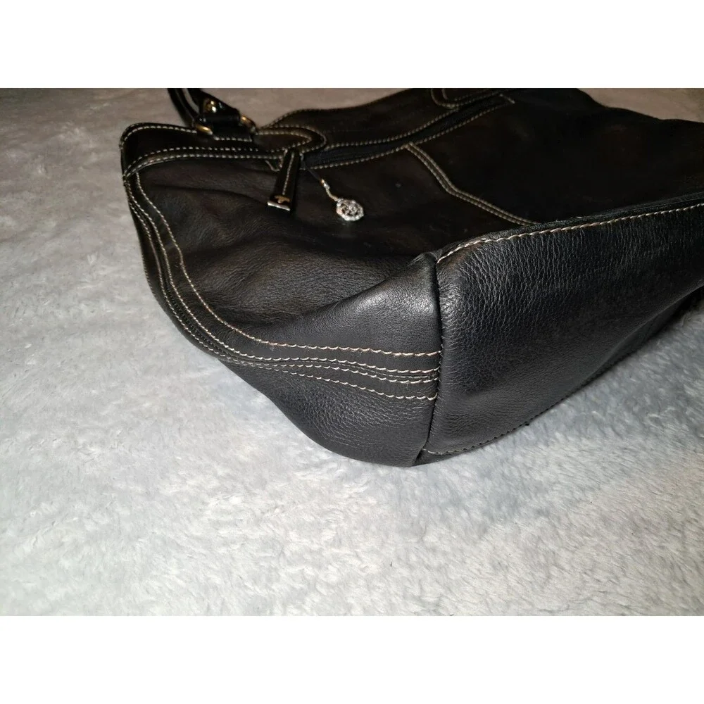 Sophia Caperelli Black Genuine Leather Purse Handbag Tote Stitching Pockets